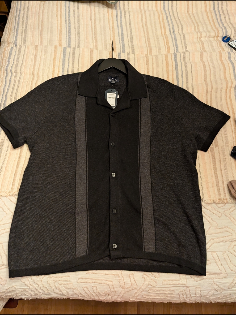 Ben Sherman Black Short-Sleeve Button Knit Shirt with Charcoal Panels